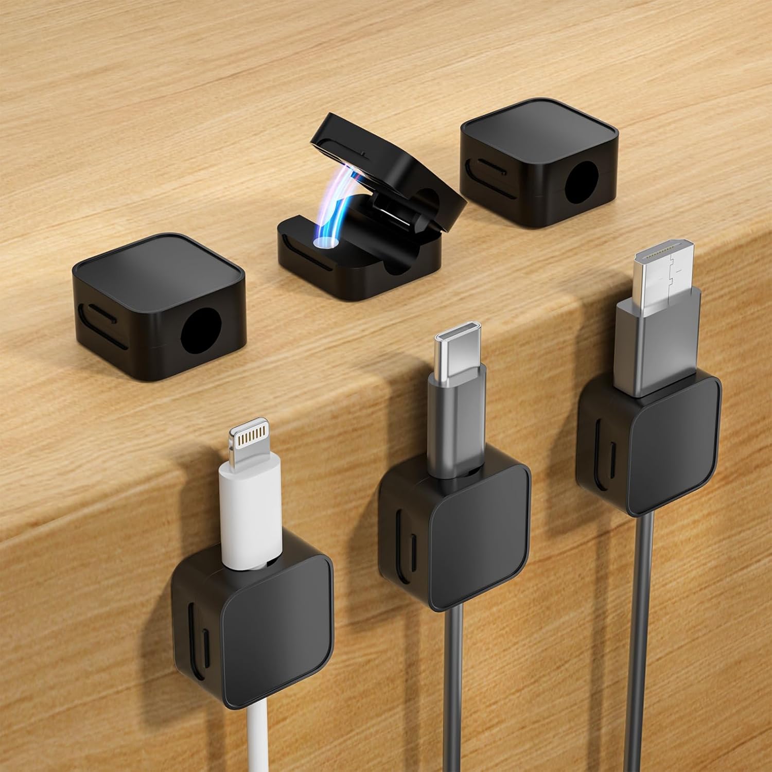 6 Black Magnetic Cable Clips